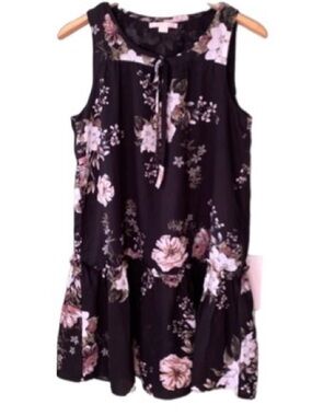 C & E black floral sleeveless ruffled hem string casual summer flowy dress sz  M
